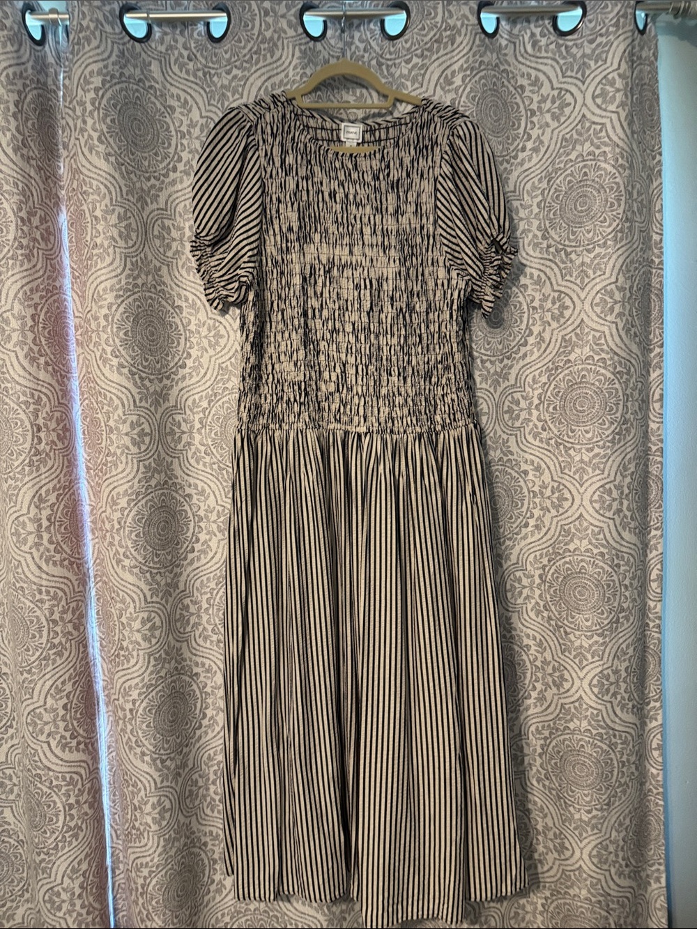 Maeve Black and White Striped Smocked Maxi with Ruched Top & Puff Sleeves